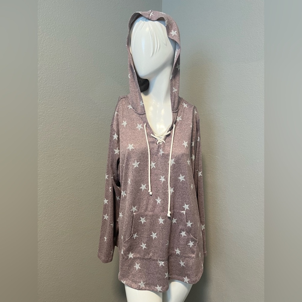 No Comment Plus Women’s Pink/Gray LS Star Print W/ Lace - Up Neck Hoodie Size 3X